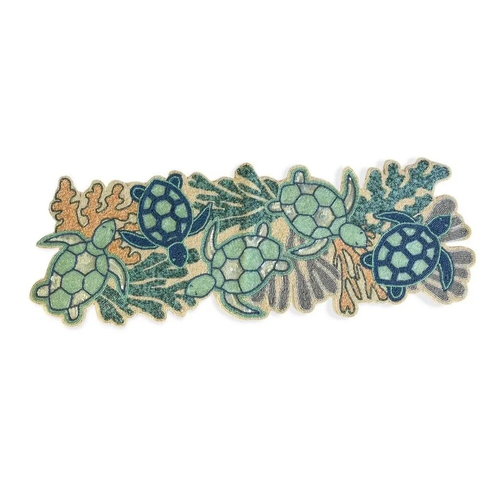 Sea Turtles Beaded Table Runner 36x14 Nautical Coral Ocean Beach Summer House